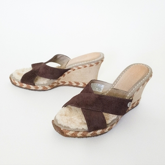 UGG Margot Brown Leather Shearling Wedge Espadrille Slip On Sandals - Picture 2 of 13